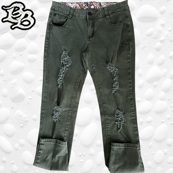 Green Skinny Leg Distressed Ripped Casual Jeans - Size 30-32" - Picture 1 of 7